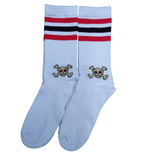 Medias 3/4 Puño Calavera fondo blanco con rayas rojas y negra