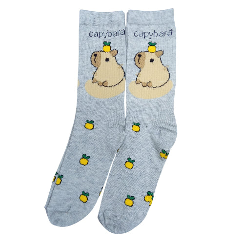 Medias 3/4 Puño Capybara con frutas fondo gris