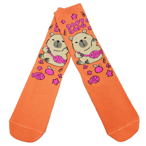 Medias 3/4 Puño - Capybara con bolso pez fondo naranja