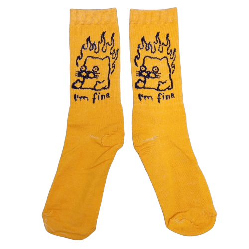 Medias 3/4 Puño - Meme gato en llamas I'm fine (fondo amarillo)