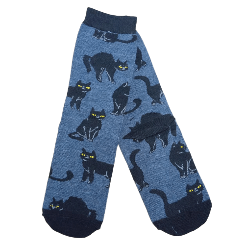 Medias 3/4 Gatos negros ojos amarillos (fondo azul noche)