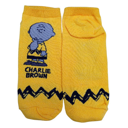 Medias soquete Snoopy - Charlie Brown pensativo fondo amarillo
