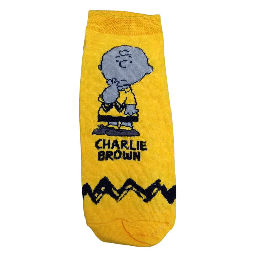 Medias soquete Snoopy - Charlie Brown pensativo fondo amarillo