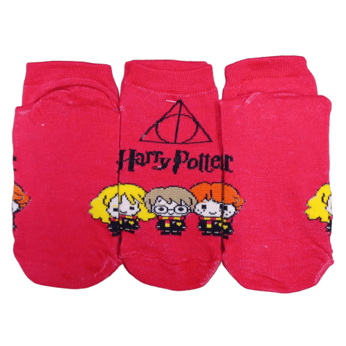 Medias soquete Harry Potter - Personajes con Reliquias de la Muerte (fondo rojo)